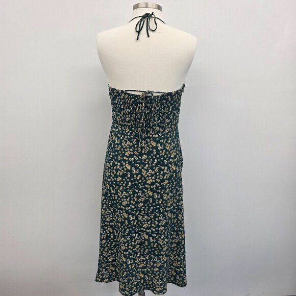 Womens L Green Yellow Floral Print Midi Dress w/Sweetheart Neckline &‎ Tie Back - Picture 3 of 13